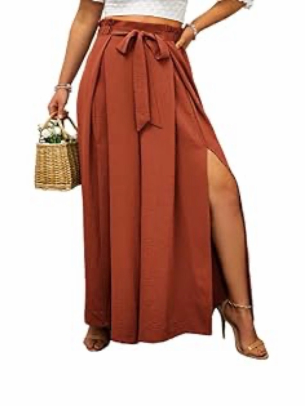 High-Waist Wide-Leg Rust Palazzo Pants with Tie Waist - Picture 2 of 4